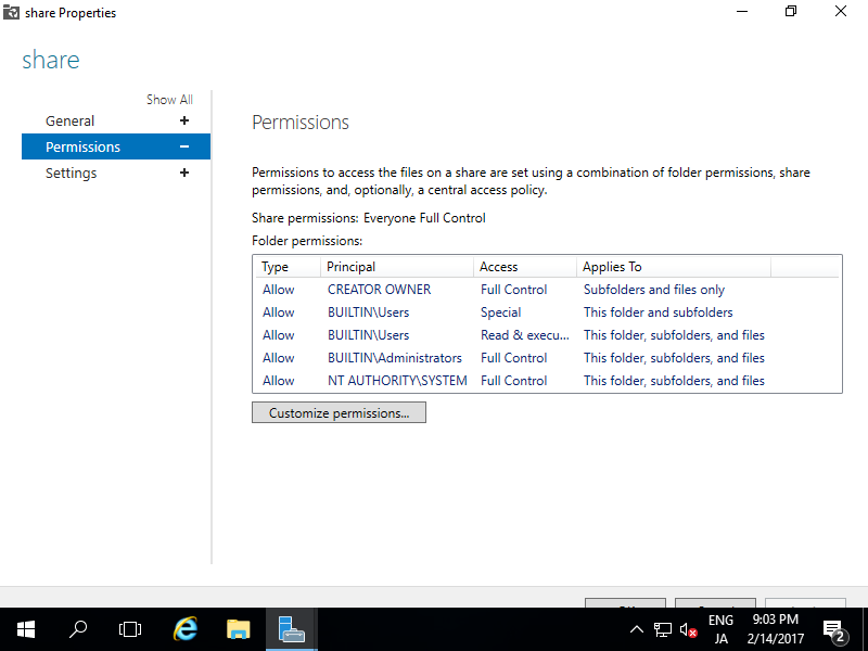 Windows Server 2016 : File Server : Access Permission : Server World