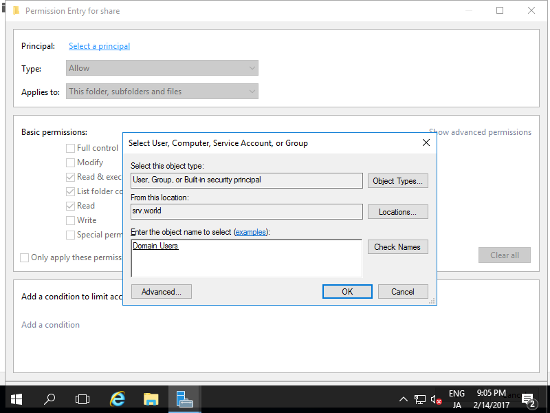 Windows Server 2016 : File Server : Access Permission : Server World